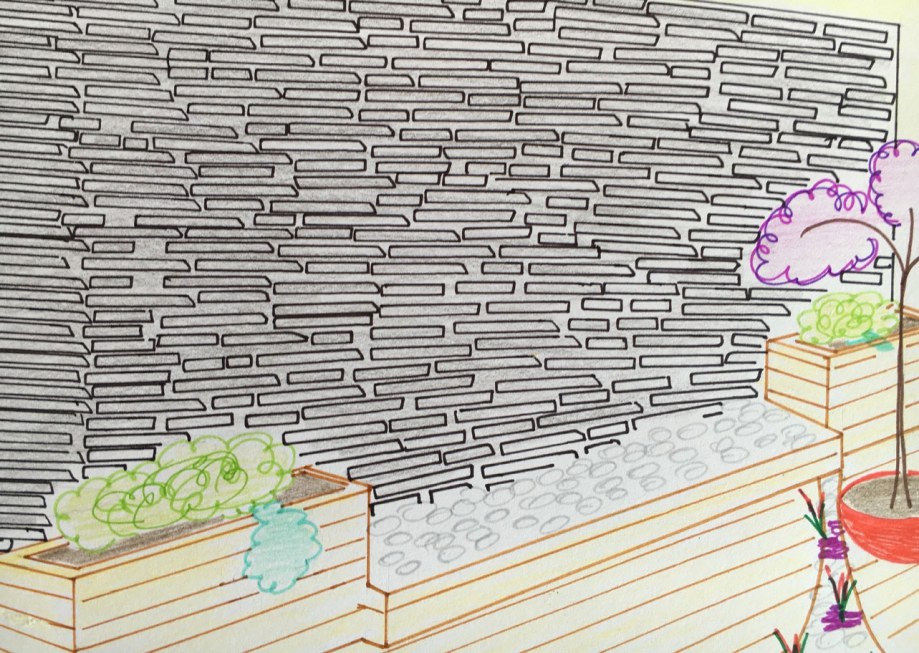 Handdrawn 2D Elevation plan for Maribyrnong landscape design waterfeature