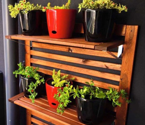 Red and black pots on timber outdoor pot stand in Mount Waverley balcony garden