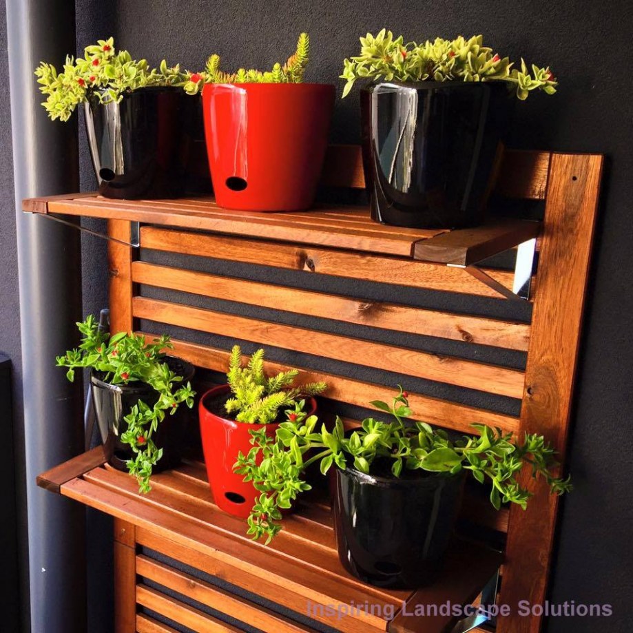 Red and black pots on timber outdoor pot stand in Mount Waverley balcony garden