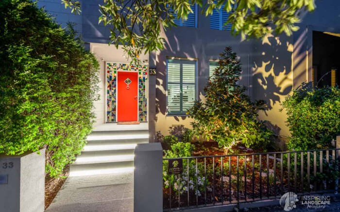 Dramatic lighting effect of highlighting magnolia tree and other shrubs in Hawthorn East front garden design