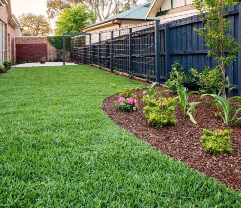 Green lawn surrounded by garden beds in Surrey Hills landscape design by Parveen Dhaliwal