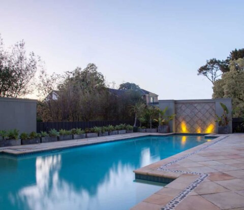 View of the swimming pool, from the dining room in Caulfield garden design makeover