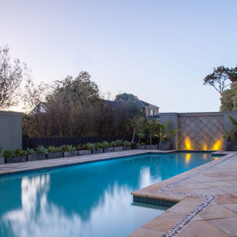 View of the swimming pool, from the dining room in Caulfield garden design makeover
