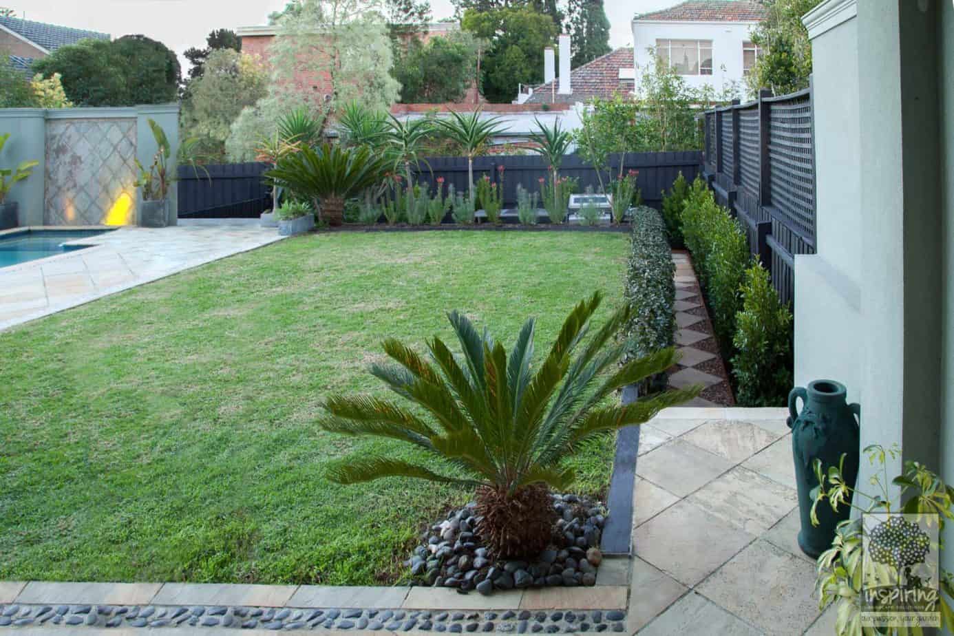 View of the lawn area from the lounge in Caulfield garden design makeover