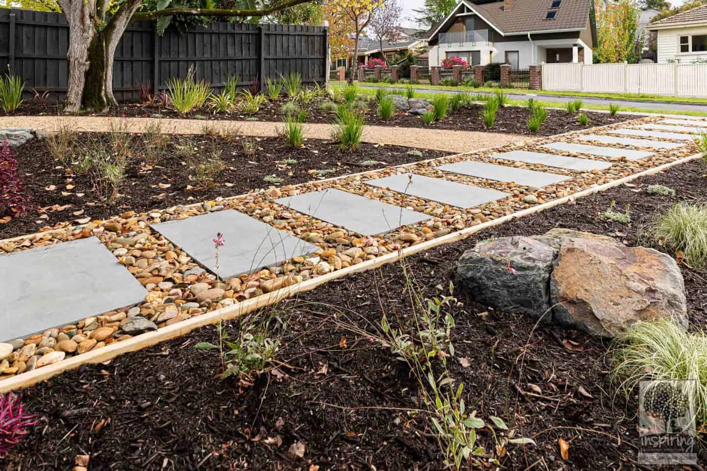 View of front stepper path from the front entrance in Burwood garden design by Inspiring Landscape Solutions