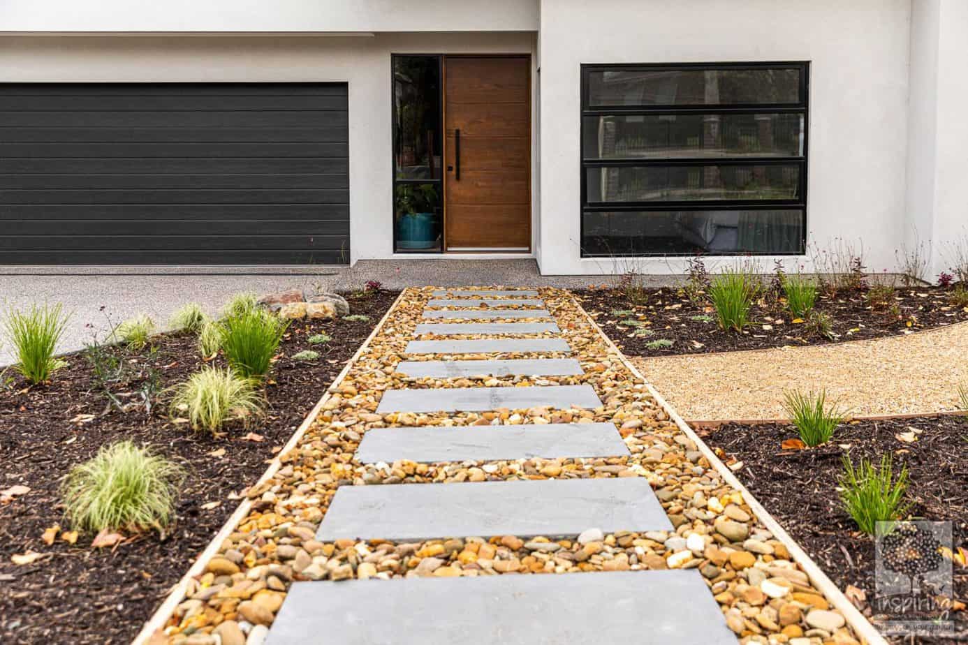 Street view of front entry stepper path in Burwood landscape design by Inspiring Landscape Solutions