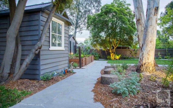 View of kids cubby and main vege patch area in Blackburn landscape design by Parveen Dhaliwal