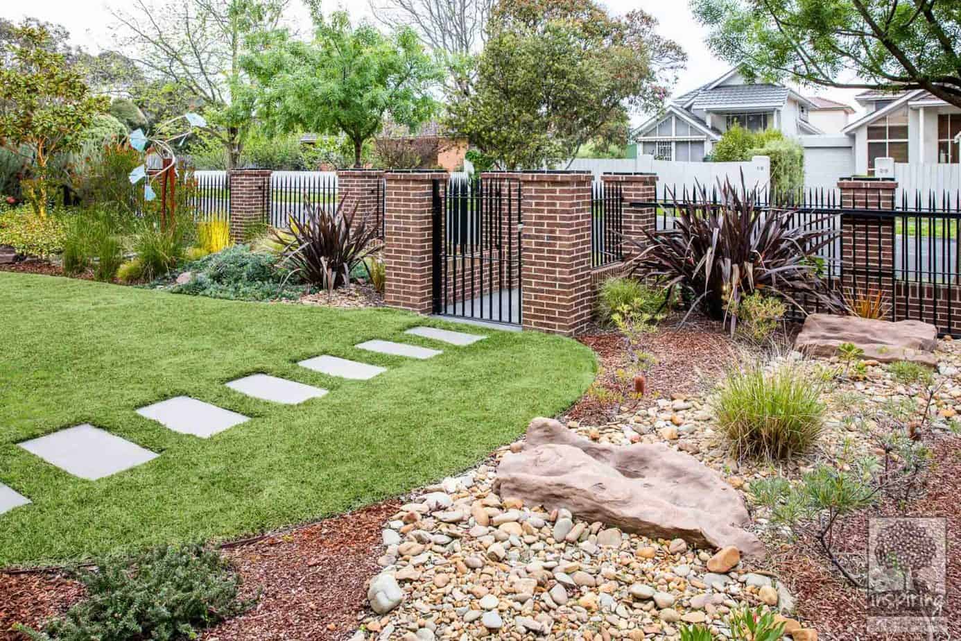 Glen Waverley garden design with dry rock creek bed and mixed planting of exotics and native Australian plants