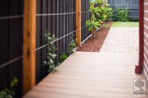 View of side area at the back of the property in Glen Waverley landscape design by Parveen Dhaliwal incorporating edibles