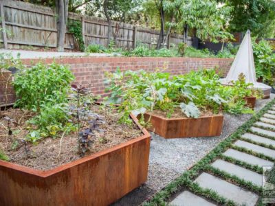 Urban food garden in productive part of Kew landscape design