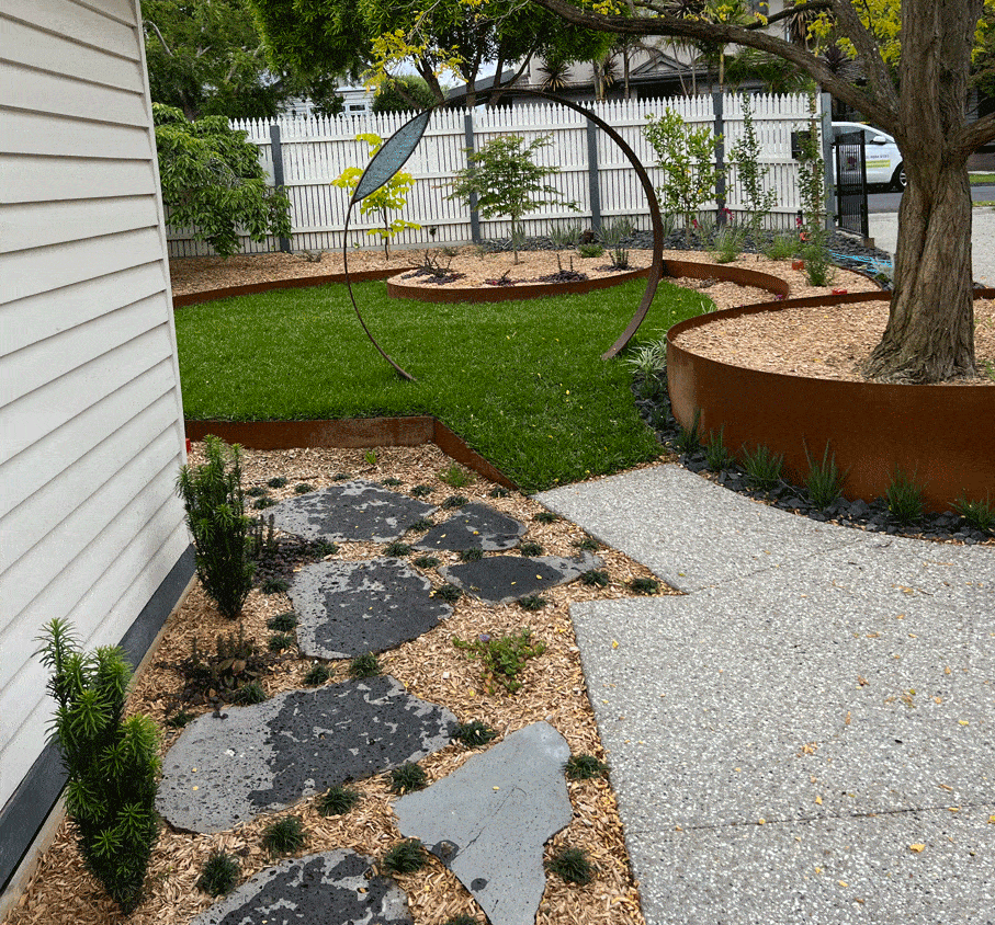 View of custom moon shaped arbour in Nunawading landscape design