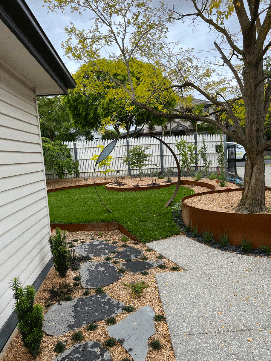 View of custom moon shaped arbour in Nunawading landscape design