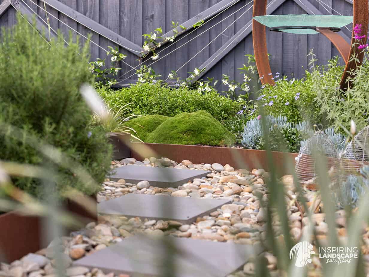 View of stepping stones and pebbled path in Highett garden design