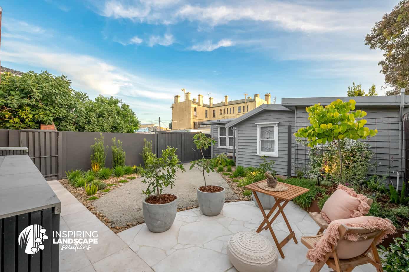 View of the minimalistic and low maintenance backyard of the Brunswick East garden design.