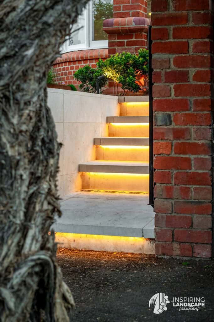 Limestone steps with LED lighting in Brunswick East landscape design