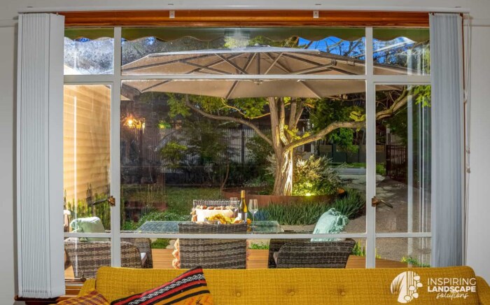 View from inside the house looking out onto the garden and entertaining area in the Nunawading garden design