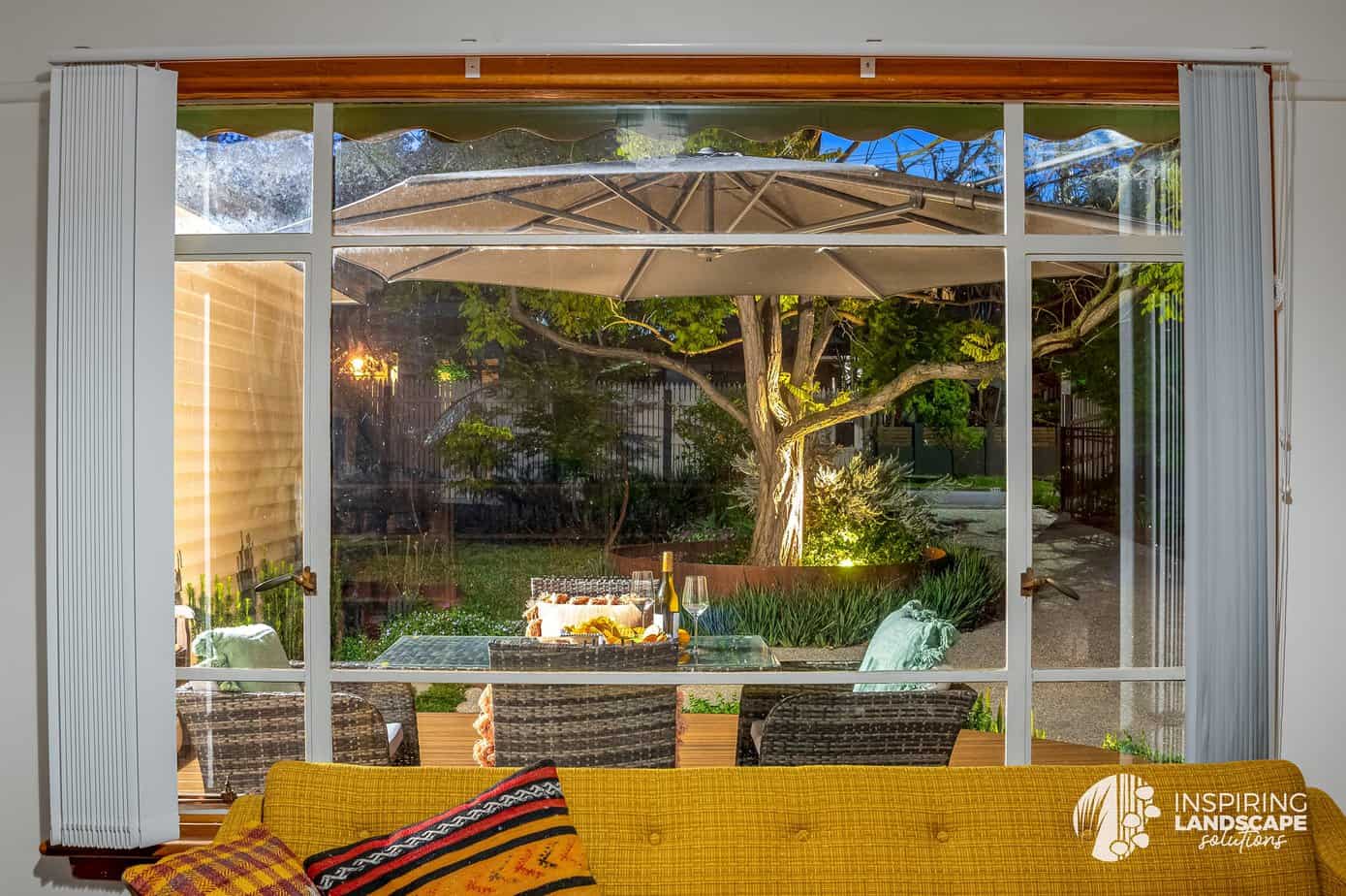 View from inside the house looking out onto the garden and entertaining area in the Nunawading garden design