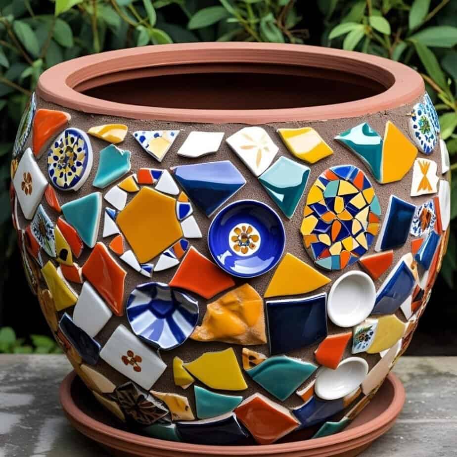 Garden pot redesigned A garden pot, decorated in flacking style with broken ceramic tiles